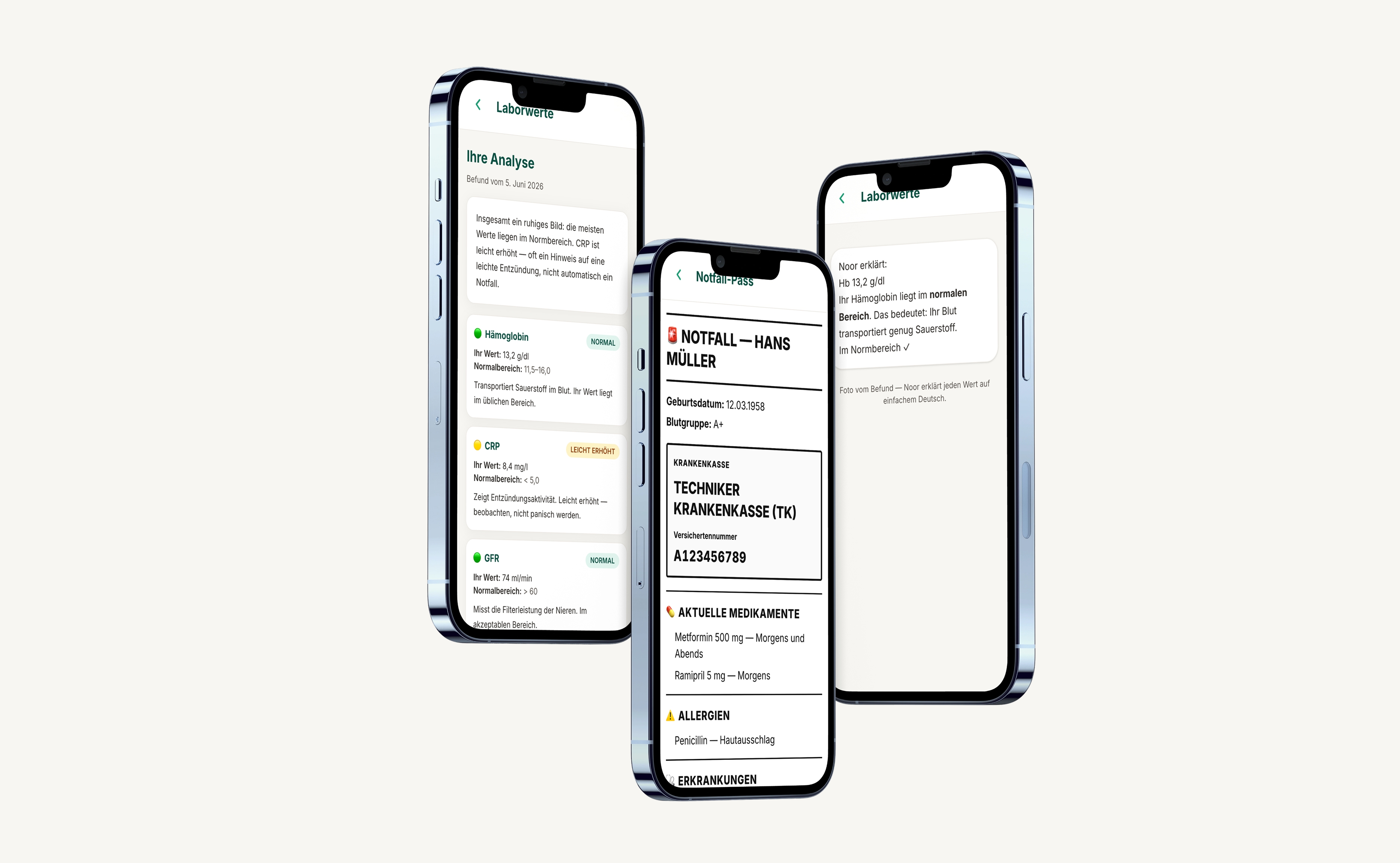 Noor — lab results, emergency passport, and plain-German explanations