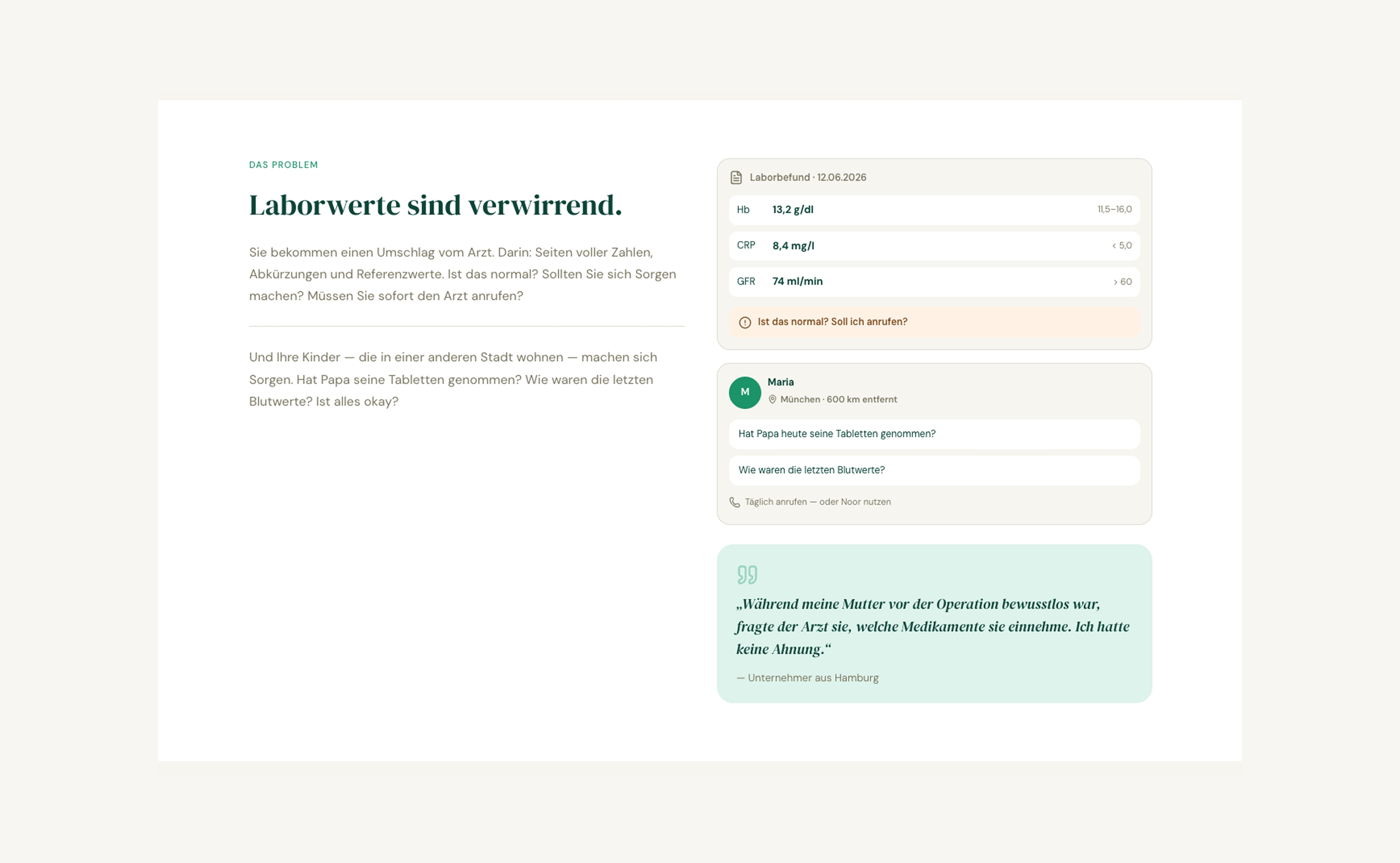 Noor — marketing site problem section for confusing lab reports