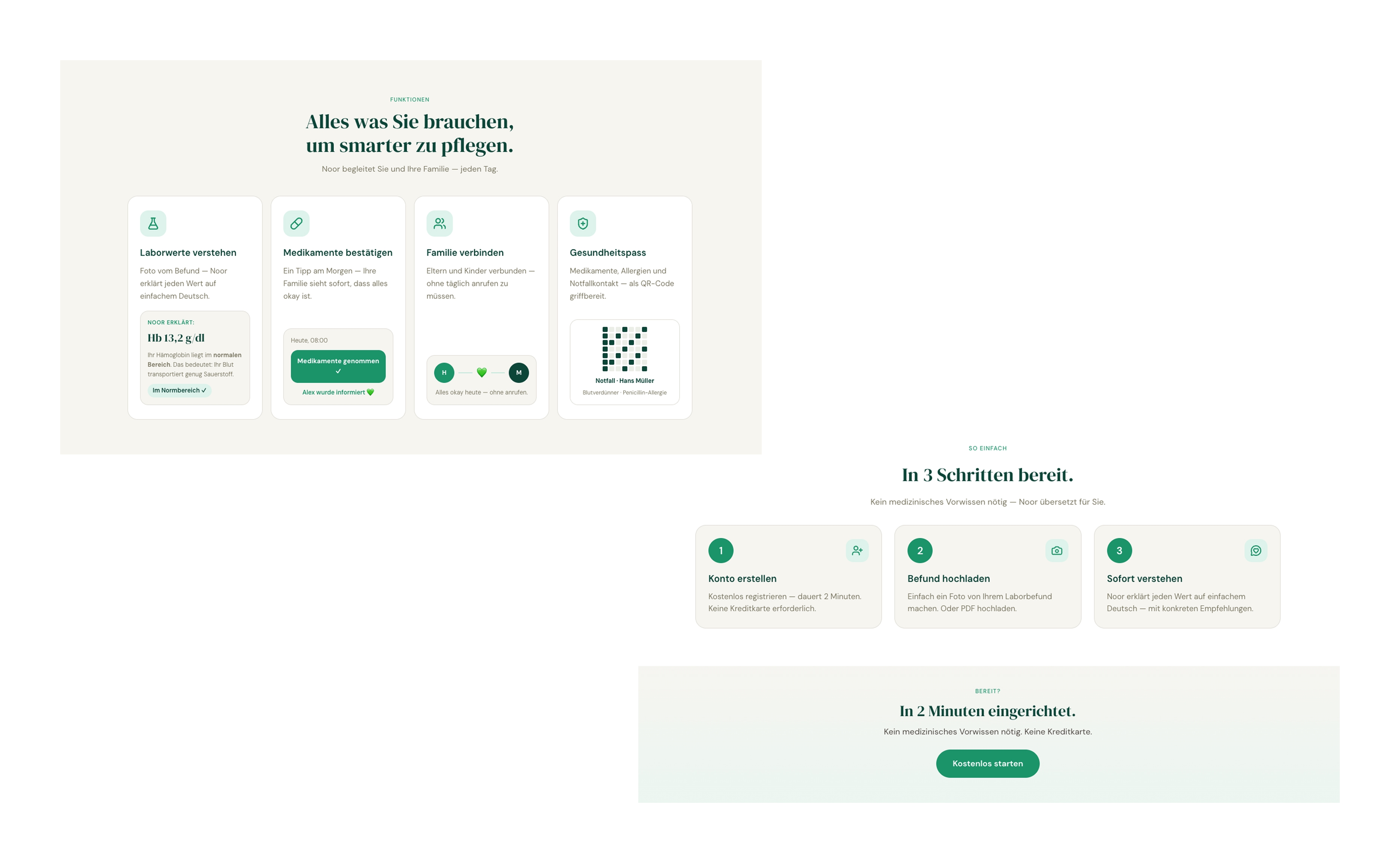Noor — features, how it works, and free signup sections